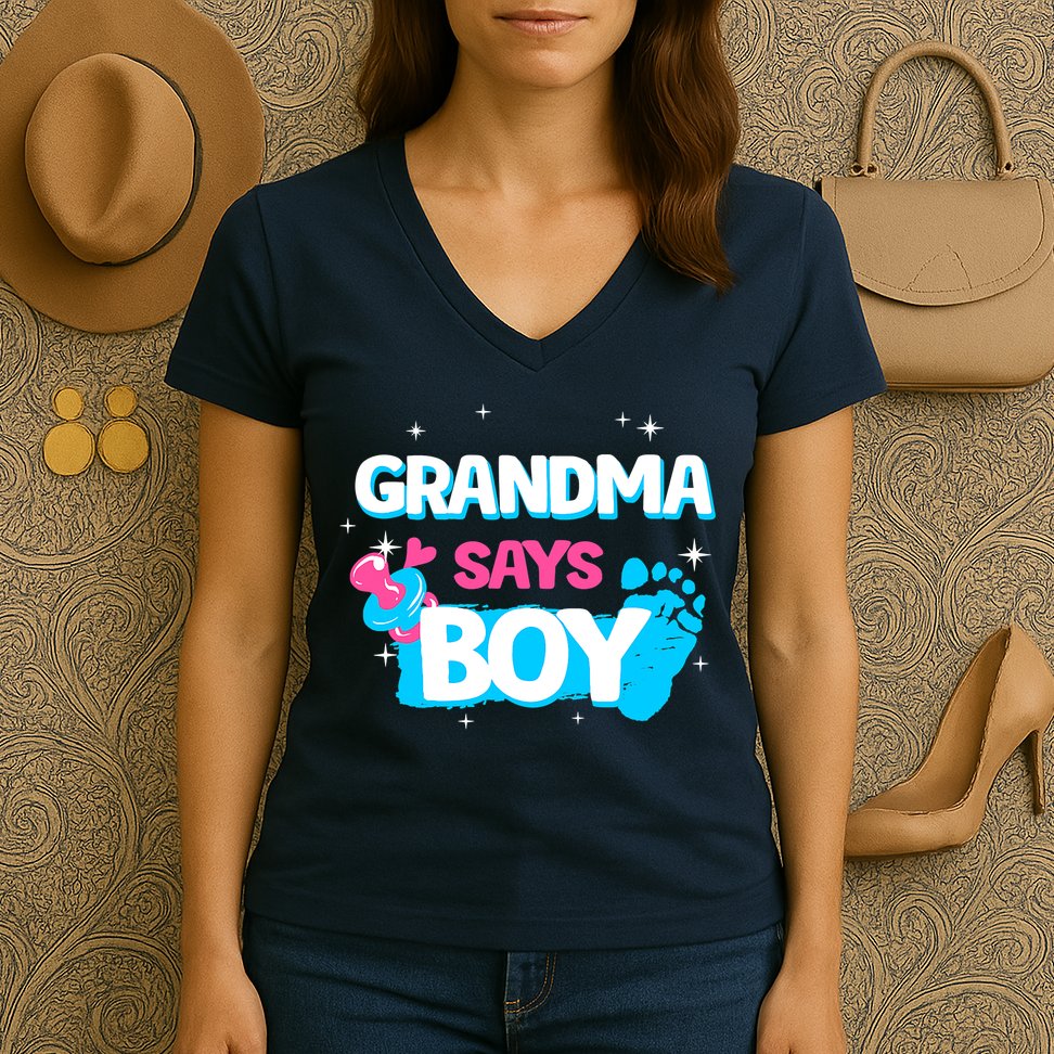Gender Reveal Party Grandma Says Boy Team Boy Women's V-Neck T-Shirt