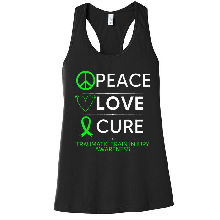 Green Ribbon Peace Cure Traumatic Brain Injury Awareness Women's Racerback Tank