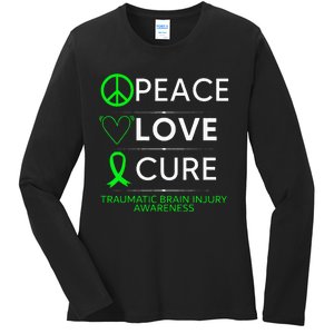 Green Ribbon Peace Cure Traumatic Brain Injury Awareness Ladies Long Sleeve Shirt