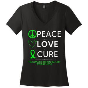 Green Ribbon Peace Cure Traumatic Brain Injury Awareness Women's V-Neck T-Shirt