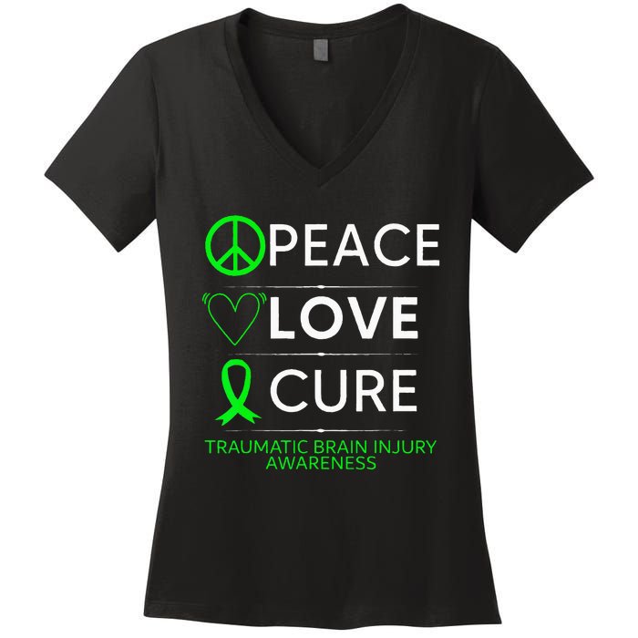 Green Ribbon Peace Cure Traumatic Brain Injury Awareness Women's V-Neck T-Shirt