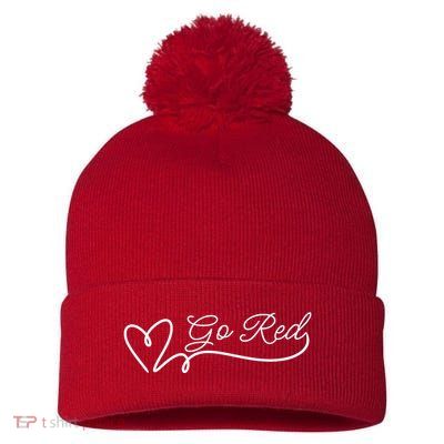 Go Red Pulse Heart Disease Awareness Pom Pom 12in Knit Beanie