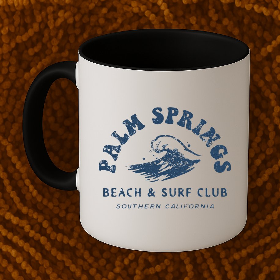 Groovy Retro Palm Springs Beach Surf Club Summer Vacations Mug