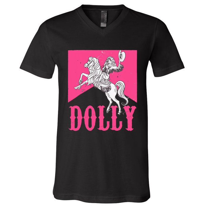 Girl Retro Personalized Dolly Cowgirl First Name V-Neck T-Shirt