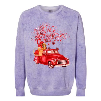 Golden Retriever Riding Red Truck Valentine Butterfly Tree Gift Colorblast Crewneck Sweatshirt