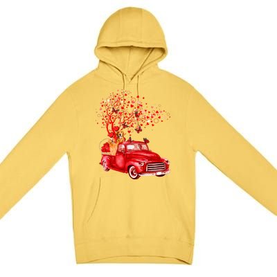 Golden Retriever Riding Red Truck Valentine Butterfly Tree Gift Premium Pullover Hoodie