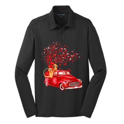 Golden Retriever Riding Red Truck Valentine Butterfly Tree Gift Silk Touch Performance Long Sleeve Polo