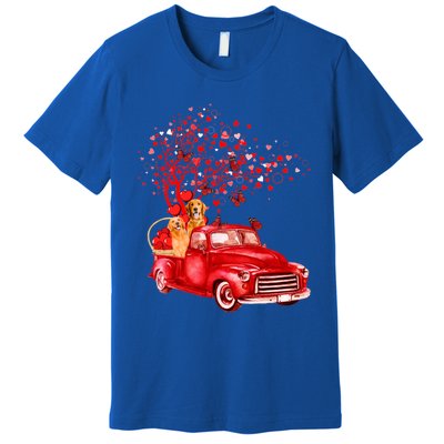 Golden Retriever Riding Red Truck Valentine Butterfly Tree Gift Premium T-Shirt