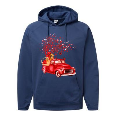 Golden Retriever Riding Red Truck Valentine Butterfly Tree Gift Performance Fleece Hoodie