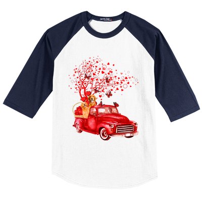 Golden Retriever Riding Red Truck Valentine Butterfly Tree Gift Baseball Sleeve Shirt