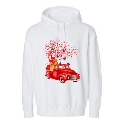 Golden Retriever Riding Red Truck Valentine Butterfly Tree Gift Garment-Dyed Fleece Hoodie