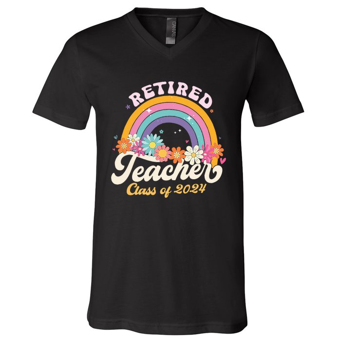 Groovy Rainbow Retired Teacher Class Of 2024 V-Neck T-Shirt