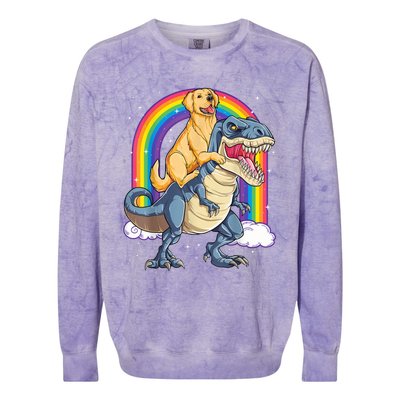 Golden Retriever Riding Dinosaur T RexBoys Rainbow Colorblast Crewneck Sweatshirt