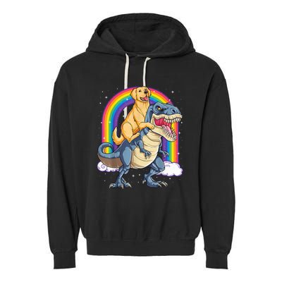 Golden Retriever Riding Dinosaur T RexBoys Rainbow Garment-Dyed Fleece Hoodie