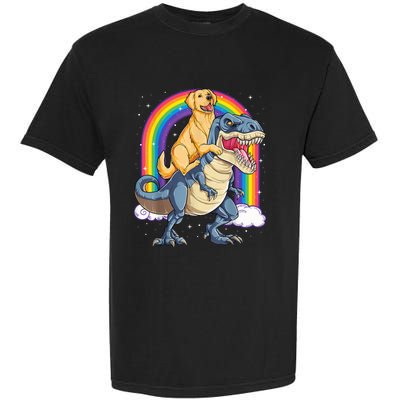 Golden Retriever Riding Dinosaur T RexBoys Rainbow Garment-Dyed Heavyweight T-Shirt