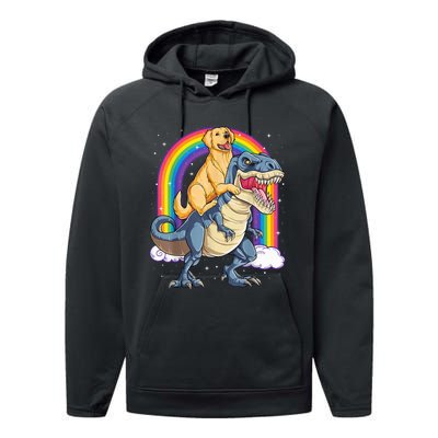 Golden Retriever Riding Dinosaur T RexBoys Rainbow Performance Fleece Hoodie