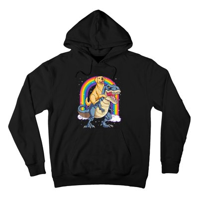 Golden Retriever Riding Dinosaur T RexBoys Rainbow Hoodie