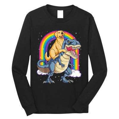 Golden Retriever Riding Dinosaur T RexBoys Rainbow Long Sleeve Shirt