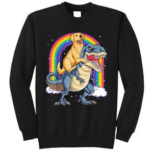 Golden Retriever Riding Dinosaur T RexBoys Rainbow Sweatshirt