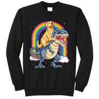 Golden Retriever Riding Dinosaur T RexBoys Rainbow Sweatshirt