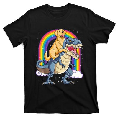 Golden Retriever Riding Dinosaur T RexBoys Rainbow T-Shirt