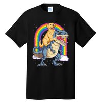 Golden Retriever Riding Dinosaur T RexBoys Rainbow Tall T-Shirt