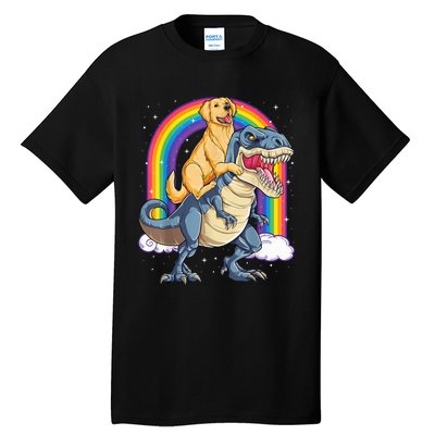 Golden Retriever Riding Dinosaur T RexBoys Rainbow Tall T-Shirt