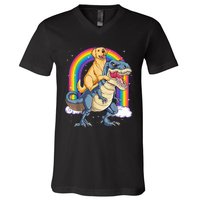 Golden Retriever Riding Dinosaur T RexBoys Rainbow V-Neck T-Shirt