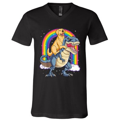 Golden Retriever Riding Dinosaur T RexBoys Rainbow V-Neck T-Shirt