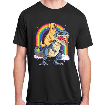 Golden Retriever Riding Dinosaur T RexBoys Rainbow Adult ChromaSoft Performance T-Shirt