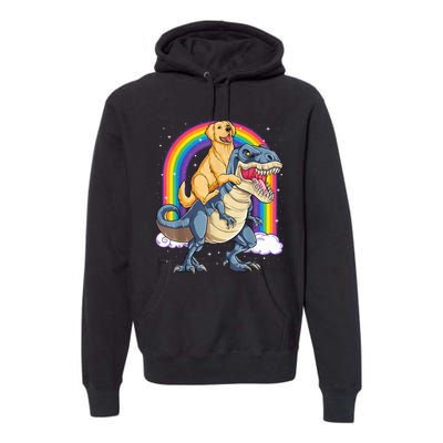 Golden Retriever Riding Dinosaur T RexBoys Rainbow Premium Hoodie