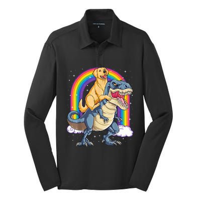 Golden Retriever Riding Dinosaur T RexBoys Rainbow Silk Touch Performance Long Sleeve Polo