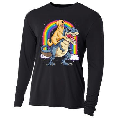 Golden Retriever Riding Dinosaur T RexBoys Rainbow Cooling Performance Long Sleeve Crew