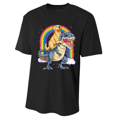 Golden Retriever Riding Dinosaur T RexBoys Rainbow Performance Sprint T-Shirt