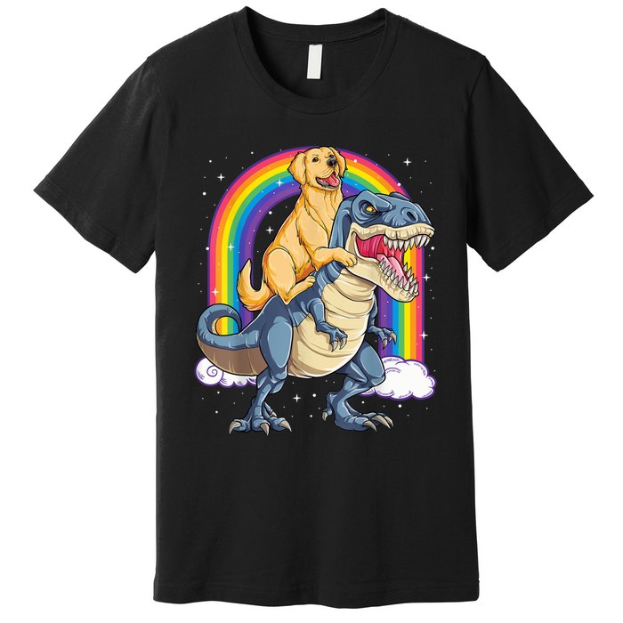 Golden Retriever Riding Dinosaur T RexBoys Rainbow Premium T-Shirt