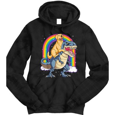 Golden Retriever Riding Dinosaur T RexBoys Rainbow Tie Dye Hoodie