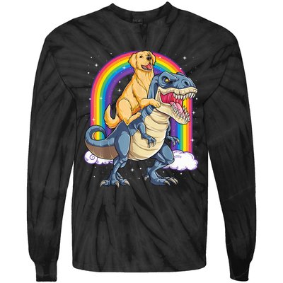 Golden Retriever Riding Dinosaur T RexBoys Rainbow Tie-Dye Long Sleeve Shirt