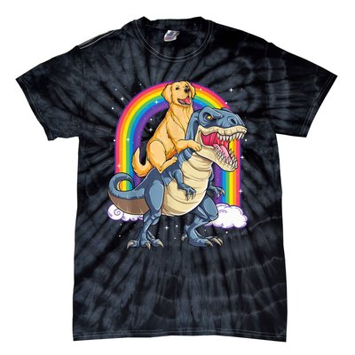 Golden Retriever Riding Dinosaur T RexBoys Rainbow Tie-Dye T-Shirt