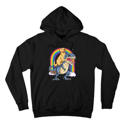 Golden Retriever Riding Dinosaur T RexBoys Rainbow Tall Hoodie