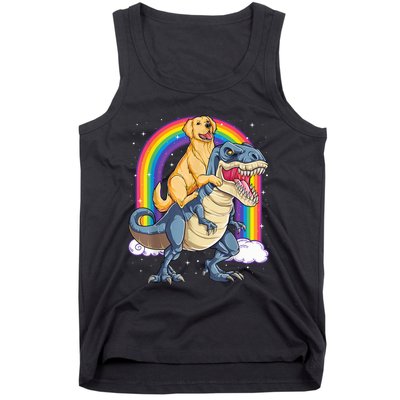 Golden Retriever Riding Dinosaur T RexBoys Rainbow Tank Top