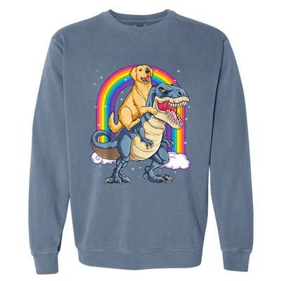 Golden Retriever Riding Dinosaur T RexBoys Rainbow Garment-Dyed Sweatshirt