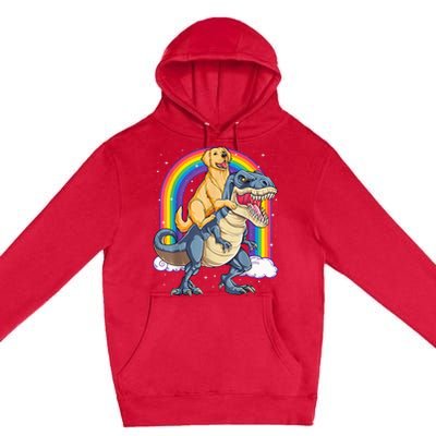 Golden Retriever Riding Dinosaur T RexBoys Rainbow Premium Pullover Hoodie