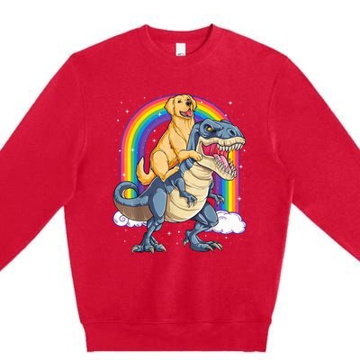 Golden Retriever Riding Dinosaur T RexBoys Rainbow Premium Crewneck Sweatshirt