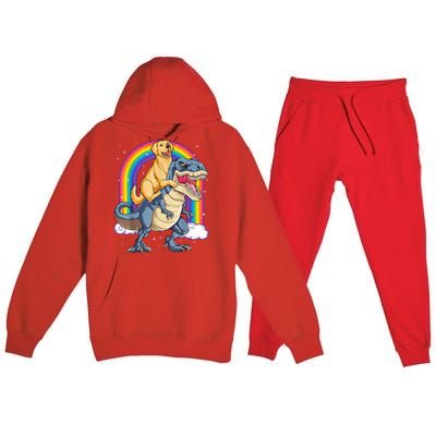 Golden Retriever Riding Dinosaur T RexBoys Rainbow Premium Hooded Sweatsuit Set