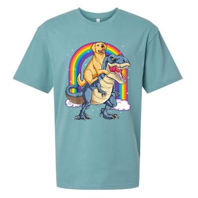 Golden Retriever Riding Dinosaur T RexBoys Rainbow Sueded Cloud Jersey T-Shirt