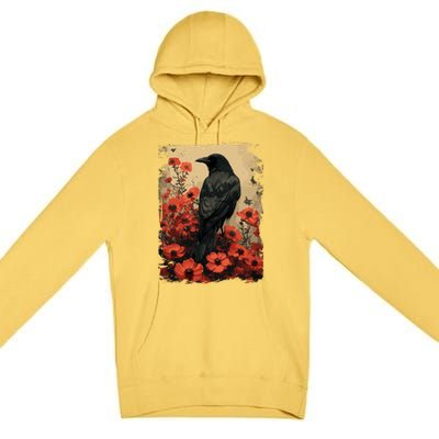 Gothic Raven Rose Enchanted Vintage Floral Crow Premium Pullover Hoodie