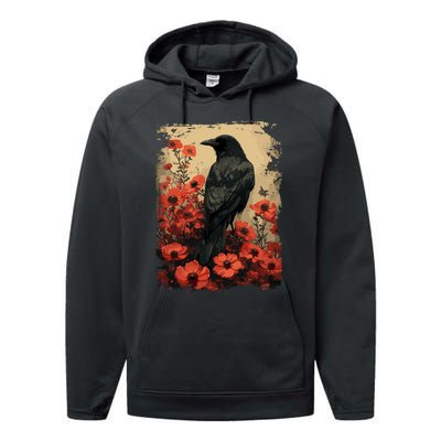 Gothic Raven Rose Enchanted Vintage Floral Crow Performance Fleece Hoodie