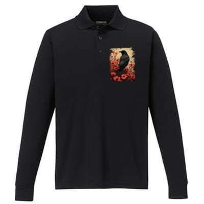 Gothic Raven Rose Enchanted Vintage Floral Crow Performance Long Sleeve Polo