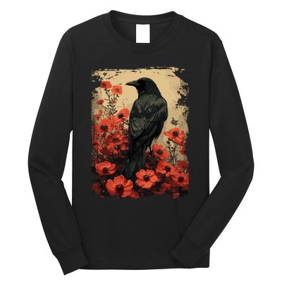 Gothic Raven Rose Enchanted Vintage Floral Crow Long Sleeve Shirt