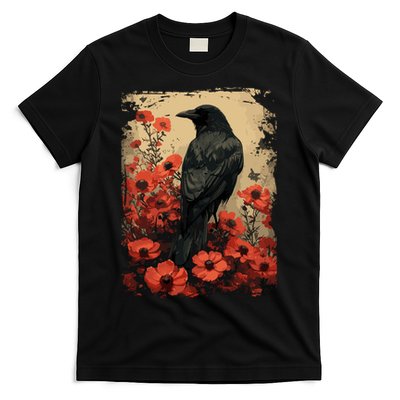 Gothic Raven Rose Enchanted Vintage Floral Crow T-Shirt